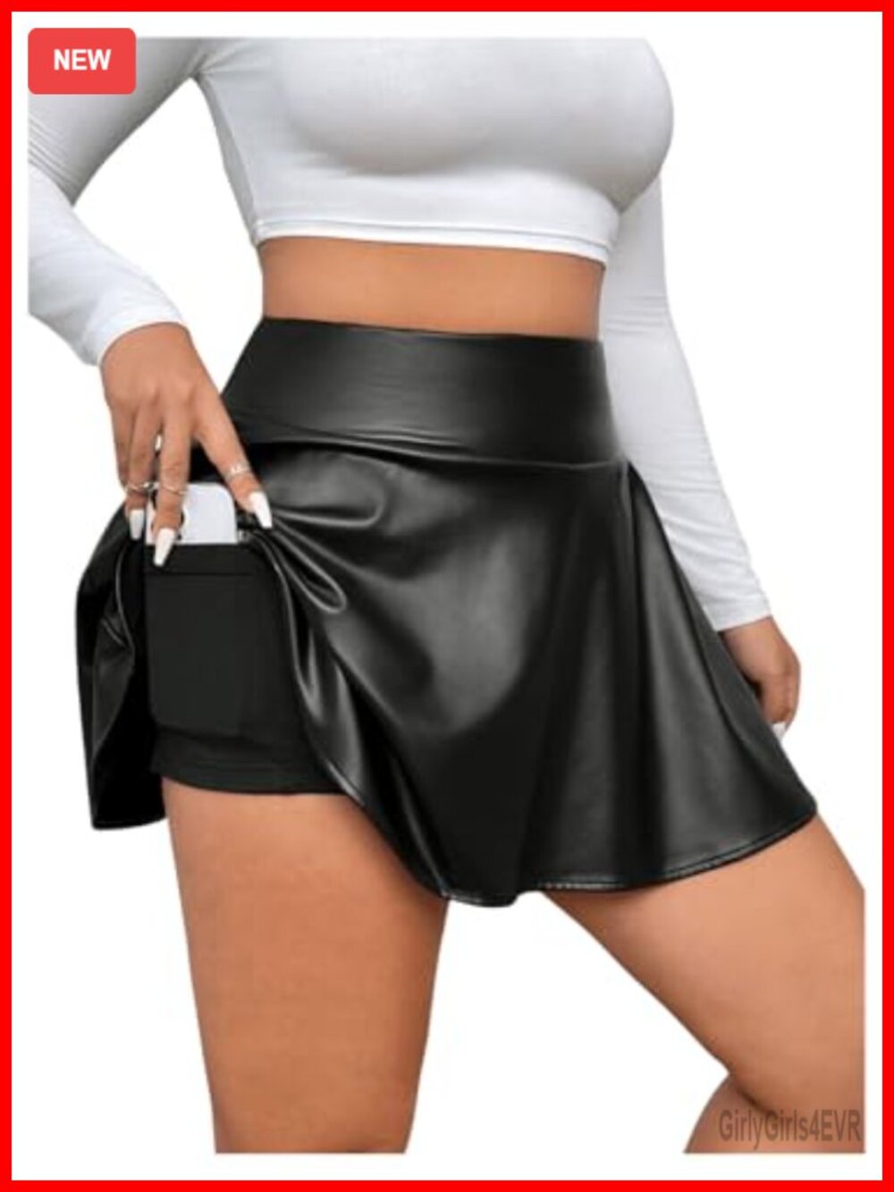 Faux Leather Mini Skort High Waist Ruffle Hem Pleated A-Line Skirt